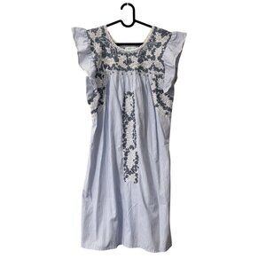 Emilia Collection Blue Striped Floral Embroidered Ruffle Dress Womens Small